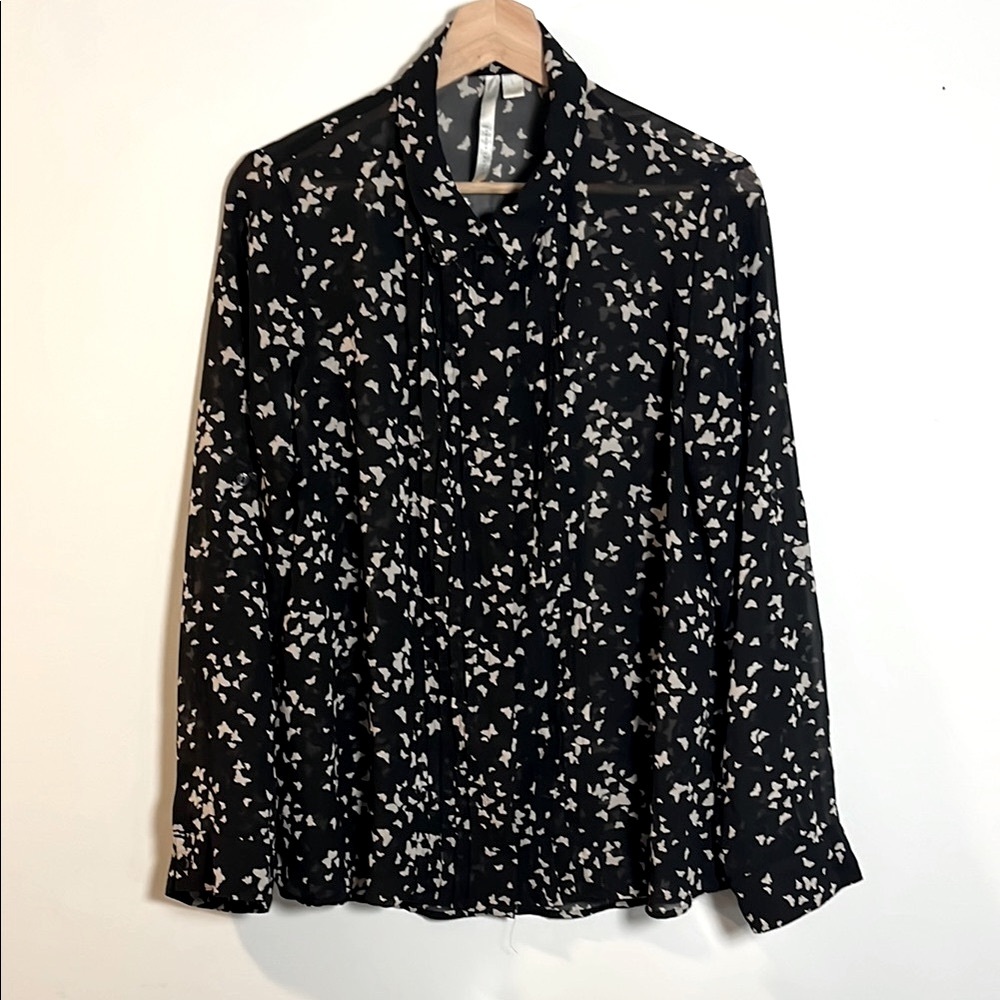 Lauren Conrad Black & Cream Neck Tie Women's Long Sleeve Top